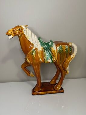 Vintage Tang Dynasty Glazed Ceramic War Horse Figurine Chinese Collectible